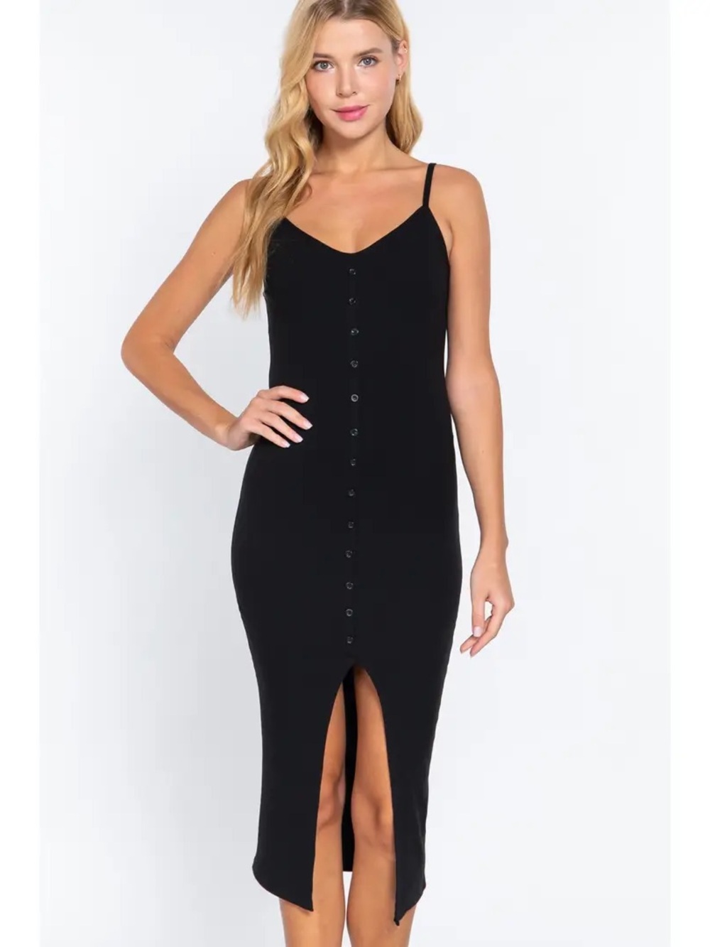 Active USA Black Button-Front Midi Dress with Front Slit